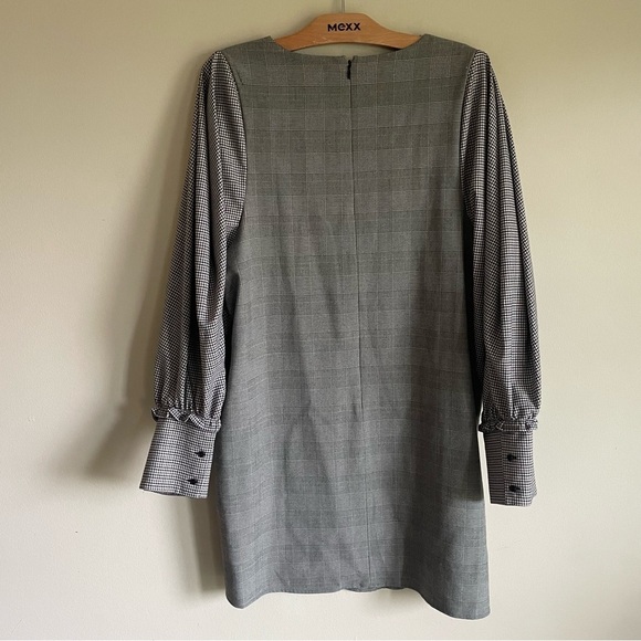BCBGMaxazria Plaid Shift Dress Long Sleeve Mini Prep Tartan Grey White Large - Picture 4 of 13